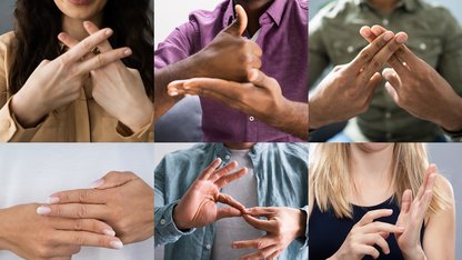 Bild von 6 Menschen, die Gebärdensprache als Handzeichen nutzen