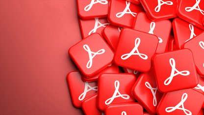 Collage auf rotem Untergrund. Dabei sind kleine, rote Acrobat PDF Symbole zufällig angeordnet. 